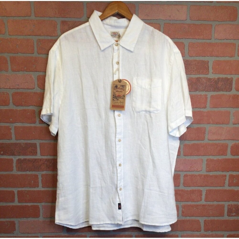 Faherty Mens White Linen Button Front Shirt Size XXL Short Sleeve Resort